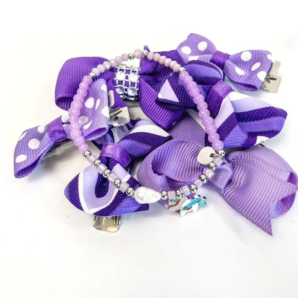 Purple Hair Bow Barettes Bundle with Unicorn Charm